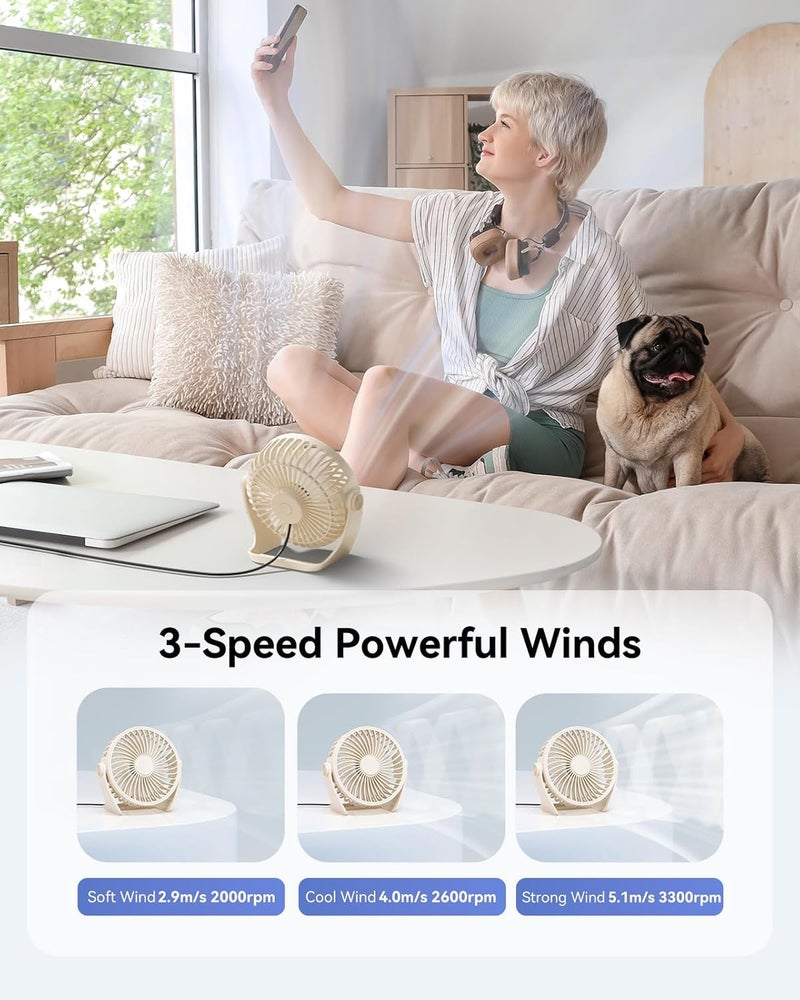 Edvision USB Desk Fan, 5 Inch Small Portable, 3 Speeds Powerful Wind Mini Personal Desktop Fan 360° Rotation Adjustable, Plug In USB Fan Quiet for Table Home Office Travel Car(Beige) - Image 4
